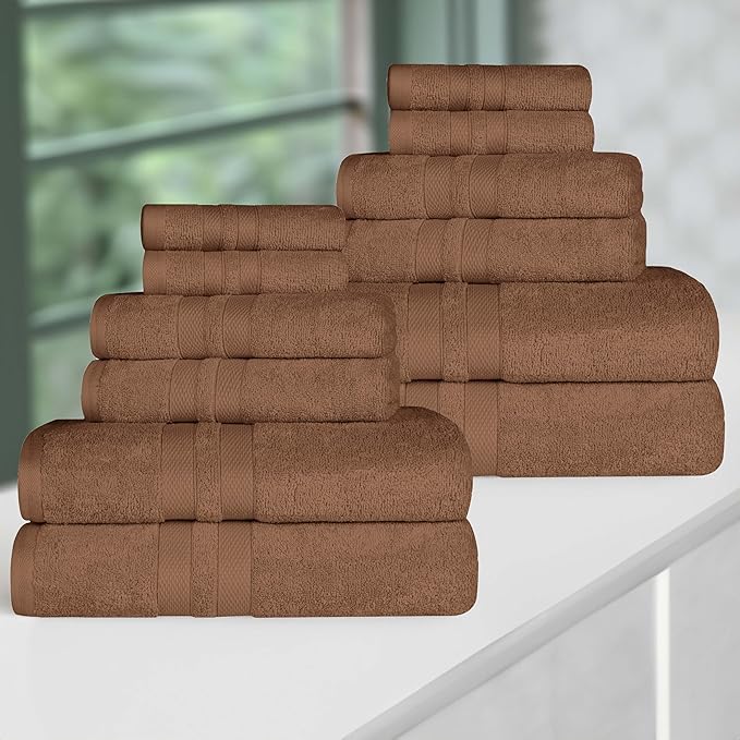 Superior Ultra-Soft Cotton Towel Set, 4 Bath Towels, 4 Hand Towels, 4 Face Towels/Washcloths, Quick-Dry, Shower, Spa Basics, Essentials, Solid, Double Line Dobby Border, 12 Piece Set, Chocolate
