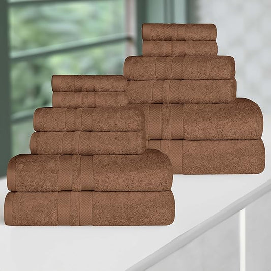 Superior Ultra-Soft Cotton Towel Set, 4 Bath Towels, 4 Hand Towels, 4 Face Towels/Washcloths, Quick-Dry, Shower, Spa Basics, Essentials, Solid, Double Line Dobby Border, 12 Piece Set, Chocolate