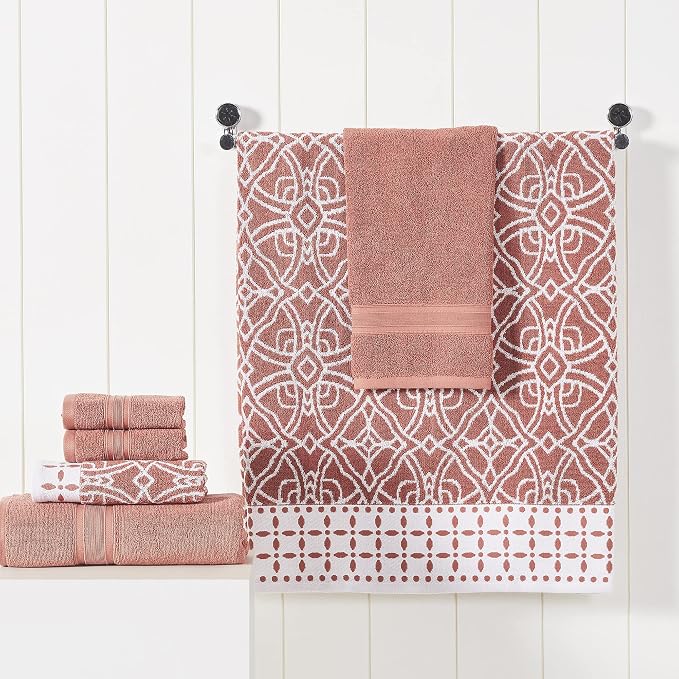 Modern Threads Monroe 6-Piece 100% Cotton Towel Set – Reversible Yarn Dyed Jacquard & Solid – Includes 2 Bath Towels, 2 Hand Towels, 2 Washcloths – Absorbent, Quick Dry, Soft & Durable – Clay