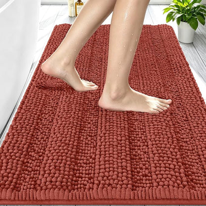 Smiry Thick Small Chenille Bathroom Rugs 24x16, Bath Mat, Rustic Terracotta | Quick‑Dry & Machine Washable, Non‑Slip Bath Carpet, Soft Striped Bath Rugs for Tub & Shower, Modern Home Decor Accessories