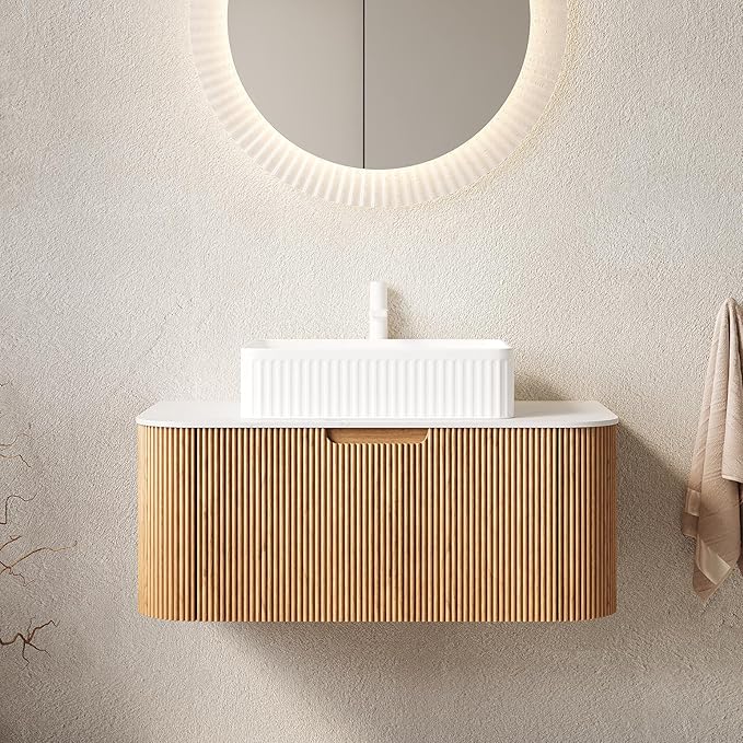 Yayzy 36" Floating Bathroom Vanity with Sink, Solid Wood Fluted Cabinet, White Fluted Square Ceramic Basin & Faux Marble Top, Soft-Close Drawer, Pre-Assembled, Natural Woodgrain