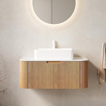Yayzy 36" Floating Bathroom Vanity with Sink, Solid Wood Fluted Cabinet, White Fluted Square Ceramic Basin & Faux Marble Top, Soft-Close Drawer, Pre-Assembled, Natural Woodgrain