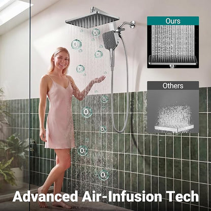 12" XXL Rainfall Shower Head with Handheld Combo, Chrome Polished | High Pressure, Magnetic Docking, Air-Infusion Tech, Anti-Leak One-Piece Design, Dual Square Showerhead