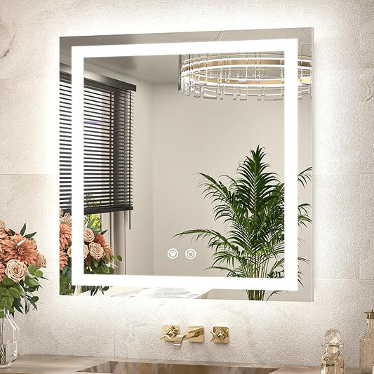 TETOTE 28 x 28 Inch LED Bathroom Mirror with Frontlit and Backlit, Brighter Light up Bathroom Vanity Mirror with Lights, 3-Color Dimmable Illuminated Anti Fog Mirror Wall Mounted, Waterproof