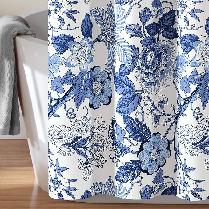 Lush Decor Sydney Floral Shower Curtain, 72" W x 72" L, Navy & White - Fabric Shower Curtains - Cottage Core Decor - Colorful Floral Print - Cute Bathroom Curtain
