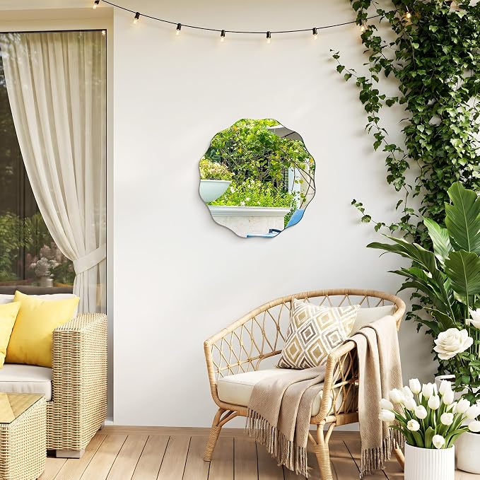 CILIBER Wavy Mirror for Wall, 18'' Scalloped Frameless Round Mirror, 3mm Tempered Glass Decorative Bathroom Vanity Mirror, Mounting/Leaning for Mantel, Living Room, Bedroom and Entryway