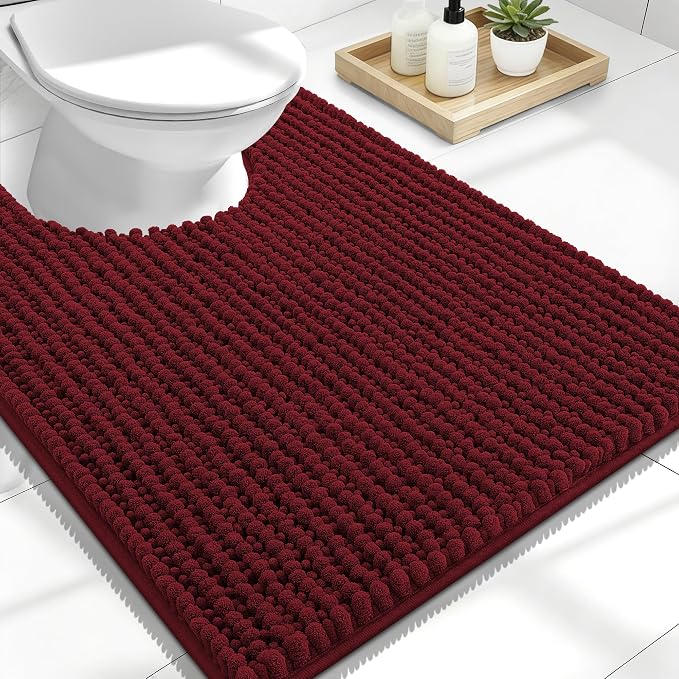 OLANLY Thick Chenille Toilet Rugs U-Shaped 24x20, Burgundy | Soft Absorbent Shaggy Contour Bathroom Rugs for Toilet, Dry Quickly, Machine Washable, Non-Slip Bath Mat
