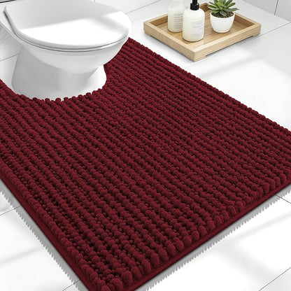 OLANLY Thick Chenille Toilet Rugs U-Shaped 24x20, Burgundy | Soft Absorbent Shaggy Contour Bathroom Rugs for Toilet, Dry Quickly, Machine Washable, Non-Slip Bath Mat