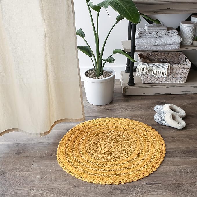 DII Crochet Collection Reversible Bath Mat, Round, 27.5" Diameter, Honey Gold