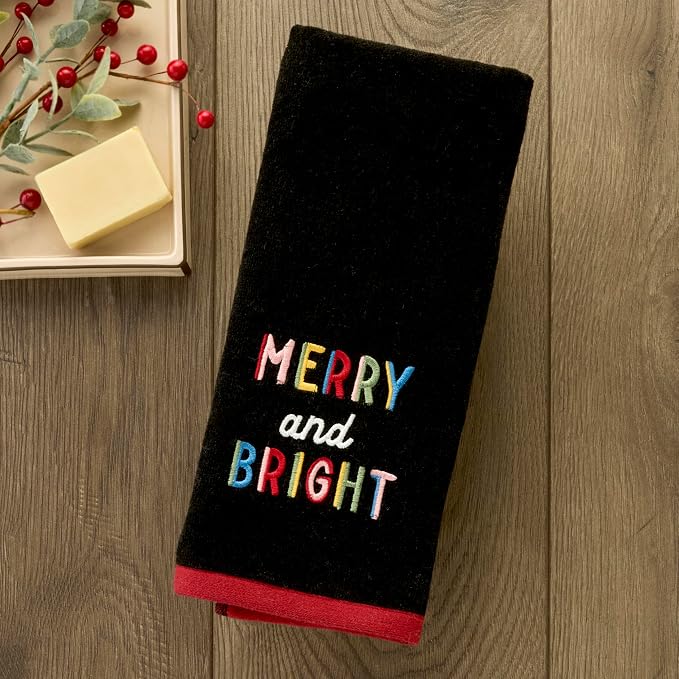 SKL Home Christmas Rainbow Merry Hand Towel Set-2pc, 100% Cotton, Black | Soft, embroidered velour. Great for the bathroom, kitchen or bar & holiday gifting.