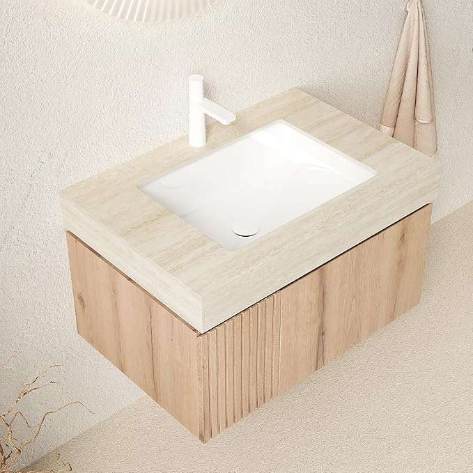 Ambrovina 30 inch Bathroom Vanity with Sink, Wall Mounted Storage Vanities with Drawer and Door, Roma Travertine-Pattern Countertop and Ceramic Basin, Pre-Assembled Cabinet, Light Wooden Color