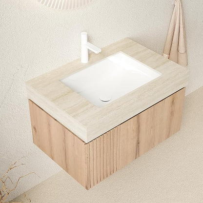 Bathroom Vanity with Sink 30 Inch, Floating Bathroom Vanity Sink Cabinet with Drawer and Door, Undermount Sink & Travertine-Pattern Sintered Stone Top, Pre-Assembled, White Oak