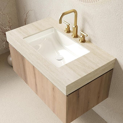 Ambrovina 36" Floating Bathroom Vanity with Sink, Wall Mounted Storage Vanities with Drawer and Door, Roma Travertine-Pattern Countertop and 3 Pre-drilled Faucet Holes Ceramic Basin, Light Oak
