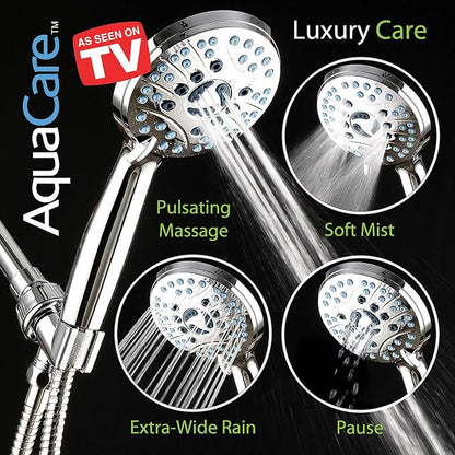 AquaCare 8-mode High Pressure Handheld Shower Head with 2-mode Power Wash | Stay Clean Nozzles, Dual Power Wash for Tub, Tile & Pets, Long 6 ft. Stainless Steel Hose, Wall & Overhead Brackets / Chrome