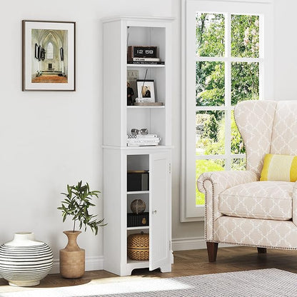 UTEX 64" Freestanding Storage Cabinet, Bathroom Tall Silm Cabinet with Doors and Adjustable Shelves, Free Standing Linen Tower, Home Storage Furniture, White