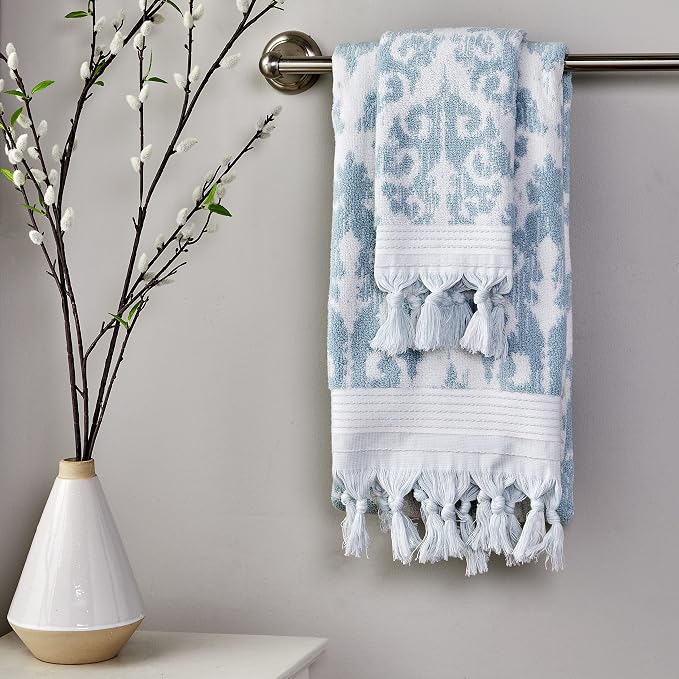 SKL Home Mirage Fringe Hand Towel Set-2pc, 100% Turkish Cotton, Aqua | 640 GSM weight. Spa-level quality. Soft & absorbent, reversible jacquard. For the bathroom, kitchen, bar or any sink space.