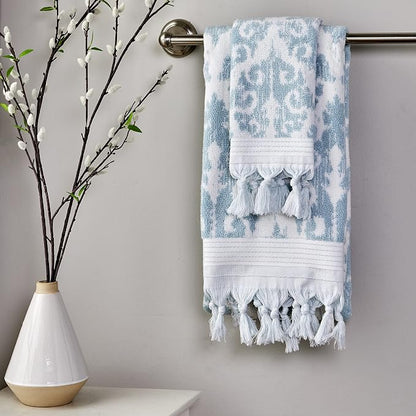 SKL Home Mirage Fringe Hand Towel Set-2pc, 100% Turkish Cotton, Aqua | 640 GSM weight. Spa-level quality. Soft & absorbent, reversible jacquard. For the bathroom, kitchen, bar or any sink space.