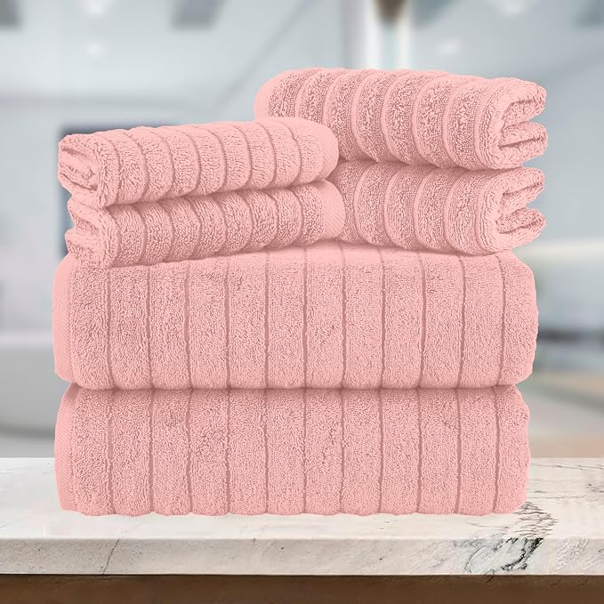 Elegant Comfort 100% Turkish Cotton Corduroy Ribbed Luxury Bath Towels 6-Piece Set, Premium Feel - Quick Dry, Highly Absorbent, Contains 2 Bath Towels, 2 Hand Towels, and 2 Washcloths, Dusty Rose