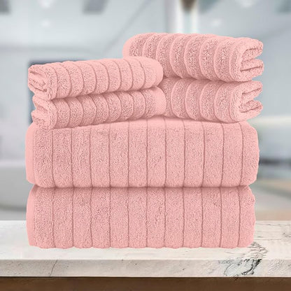 Elegant Comfort 100% Turkish Cotton Corduroy Ribbed Luxury Bath Towels 6-Piece Set, Premium Feel - Quick Dry, Highly Absorbent, Contains 2 Bath Towels, 2 Hand Towels, and 2 Washcloths, Dusty Rose