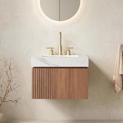 KEIKI 24 Inch Floating Bathroom Vanity with Sink, Brown Oak & White | Modern Wall Mounted Storage Cabinet with 2 Doors, Pre-assembled Wood Panels, Sintered Stone Top & Ceramic Basin Combo Set