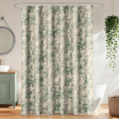 Farmhouse Sage Green Floral Shower Curtain with 12 Clear Rings 72"W x 84"L | Fabric Faux Linen Shower Curtain Set, Vintage Cottagecore Shower Curtain for Bathroom