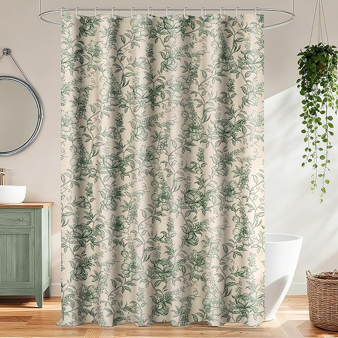 Farmhouse Sage Green Floral Shower Curtain with 12 Clear Rings 72"W x 72"L | Boho Fabric Faux Linen Shower Curtain Set, Vintage Cottagecore Shower Curtain for Bathroom
