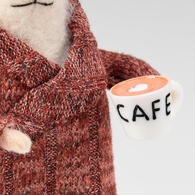 Primitives by Kathy Houserobe Mouse Collectible Felt Critter, 4.75-inch, Wearing Knitted houserobe, Heart Foam Latte Display with Our Other Bathroom Inspired Figures, Everyday Home Accent or Spa Gift