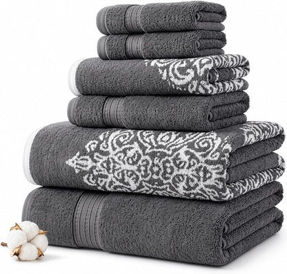 Modern Threads 6-Piece 100% Cotton Damask Medallion Towel Set, Charcoal | Highly Absorbent, Soft & Plush, Quick-Drying, 550 GSM, Color-Rich Yarn-Dyed Design, OEKO-TEX Certified