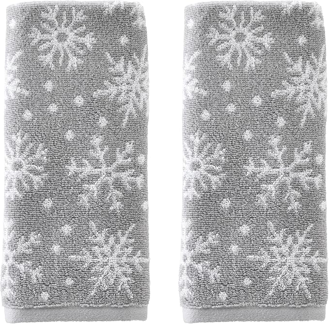 SKL Home Winter/Christmas Scattered Snowflakes Hand Towel Set-2pc, Gray | 100% Cotton. 500 GSM. Soft & absorbent. Reversible jacquard pattern. Great for use in the bathroom, kitchen or bar & gifting.