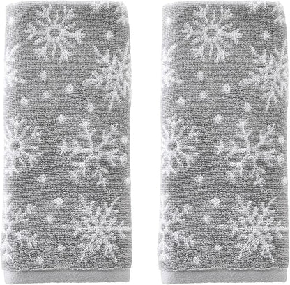 SKL Home Winter/Christmas Scattered Snowflakes Hand Towel Set-2pc, Gray | 100% Cotton. 500 GSM. Soft & absorbent. Reversible jacquard pattern. Great for use in the bathroom, kitchen or bar & gifting.
