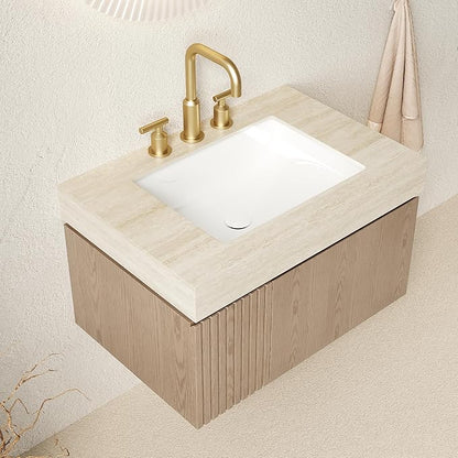 Ambrovina 30" Floating Bathroom Vanity with Sink, Modern Storage Vanities with Drawer and Door, Roma Travertine Top and 3 Pre-drilled Faucet Holes Ceramic Basin, Pre-Assembled Cabinet, Light Brown