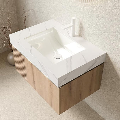 Ambrovina 30" Floating Bathroom Vanity with Sink, Wall Mount Storage Bathroom Vanities with Drawer and Door, Carrara White Sintered Stone Top and Ceramic Basin, Pre-Assembled Cabinet, Light Wooden