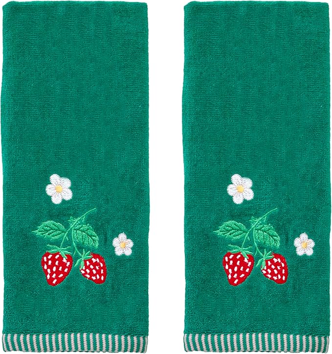 SKL Home Strawberry Vine Hand Towel Set-2pc, 100% Cotton, Green | Soft & decorative velour with embroidery. For use in the bathroom, kitchen, bar or any sink space.
