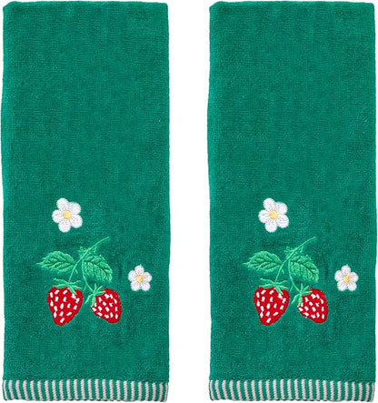 SKL Home Strawberry Vine Hand Towel Set-2pc, 100% Cotton, Green | Soft & decorative velour with embroidery. For use in the bathroom, kitchen, bar or any sink space.