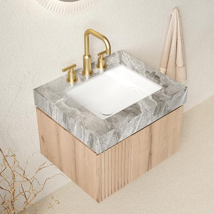 KEIKI 24 Inch Floating Bathroom Vanity with Sink, White Oak & Grey | Modern Wall Mounted Storage Cabinet with 2 Doors, Pre-assembled Wood Panels, Sintered Stone Top & Ceramic Basin Combo Set