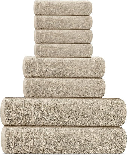 Tens Towels Pack of 8 Towels Set, 2 Extra Large Bath, 2 Hand, 4 Washcloths, 100% Cotton, Lighter Weight, Quicker to Dry, Super Absorbent, Perfect for Bathroom, Beige