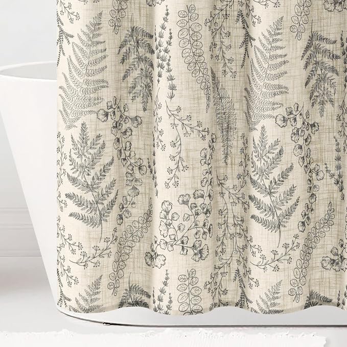 Lush Decor - Shower Curtain, Textured Linen Design, Botanical Dreams, Floral Bathroom Decor (Light Linen/Black, 72" x 72")