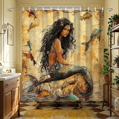 Vintage Mermaid Shower Curtains,Earth Tone Ocean Theme Fish Shower Curtains for Bathroom,Funny Waterproof Polyester Mermaid Bathroom Decor,72x72 Inch