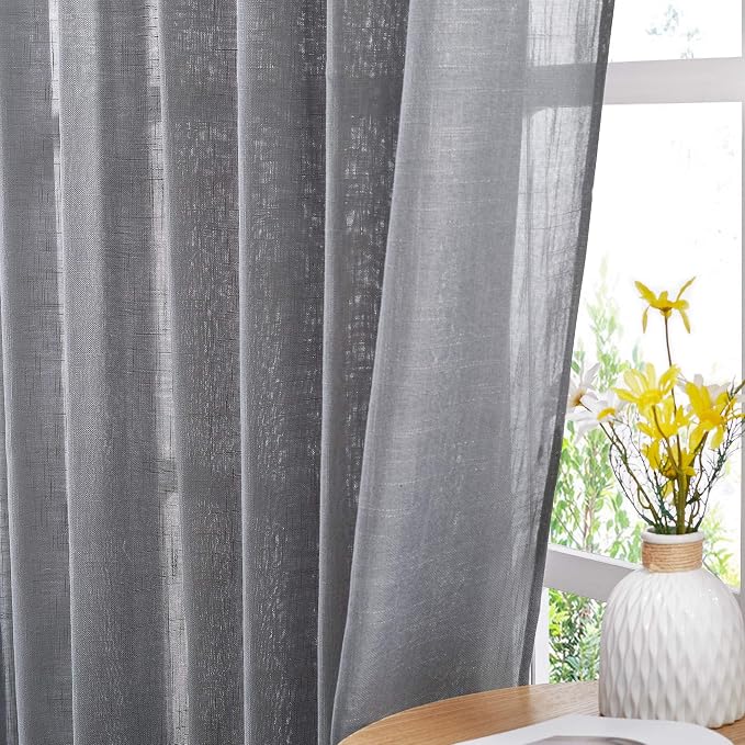 NICETOWN Bathroom Window Curtains 45 inch Length, Natural Linen Textured Rod Pocket & Back Tab Semi Sheer Short Curtains Privacy with Light Through for Bedroom/Living Room, 52" Wide, Grey
