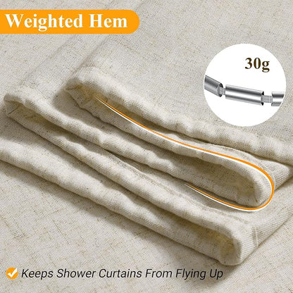 Extra Long Light Beige Linen Shower Curtain 84 Inch Long Weighted Fabric Bath Shower Curtain Set with Hooks, XLong Tall Country Farmhouse Curtains for Bathroom, 72x84