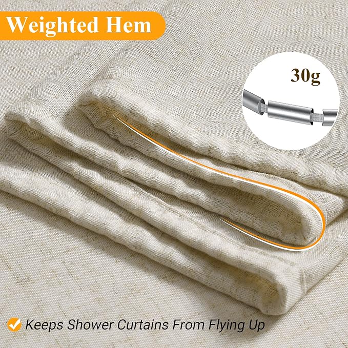 Light Beige Linen Shower Curtain 74 Inch Long Weighted Fabric Bath Shower Curtain Set with Hooks, XLong Tall Country Farmhouse Curtains for Bathroom, 72x74