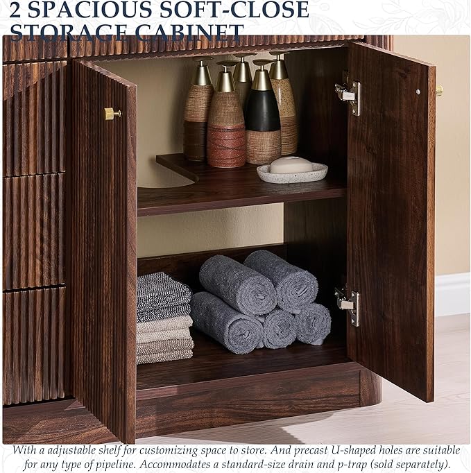 T4TREAM 60 Inch Bathroom Vanity with Sink, Modern Fluted Large Double Sink Bathroom Vanity with 2 Storage Cabinets, Adjustable Shelf, and 3 Small Drawers, Dark Walnut