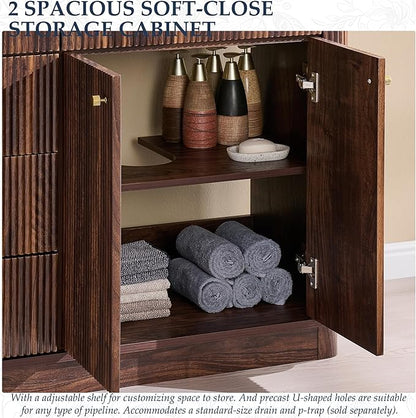 T4TREAM 60 Inch Bathroom Vanity with Sink, Modern Fluted Large Double Sink Bathroom Vanity with 2 Storage Cabinets, Adjustable Shelf, and 3 Small Drawers, Dark Walnut
