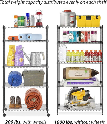Whitmor 5 Tier Supreme Shelving Unit, Metal Storage Shelves, Adjustable Heavy Duty Shelf with Wheels, 400 lbs Capacity per Shelf, 2000 lbs Total for Pantry, Garage, Kitchen, Black