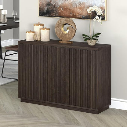 Henn&Hart 48" Fluted Sideboard Buffet Cabinet, Ribbed Wooden Credenza with 3 Doors, Adjustable Shelves, and Cable Management Cut-Outs for Dining Room, Kitchen, Living Room or Entryway, Warm Brown