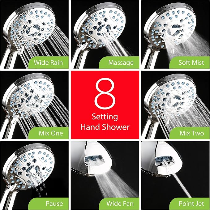 AquaCare 50-mode High Pressure Shower Head Combo with Arm & Dual Power Wash | Hygienic Jets, 2-mode Handheld Power Wash for Tub, Tile & Pets, Long 6 ft. Stainless Steel Hose, Extra Wall Bracket / Chrome