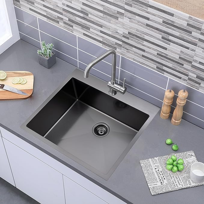 Comllen 25 x 22 Inch Drop In Black Kitchen Sink,Topmount 16 Gauge Stainless Steel Black Kitchen Sinks, 9 Inch Deep Utility RV Sink with Basket Strainer