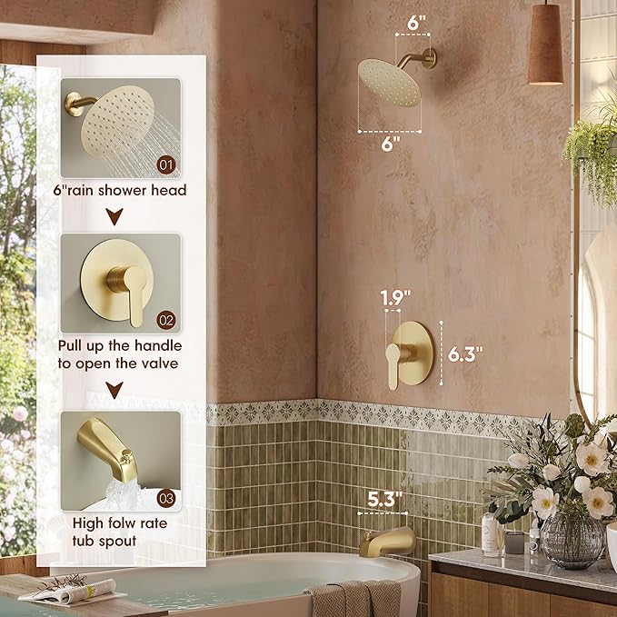 Tub Shower Faucet, Gold Shower Faucet Set with 6" Shower Head | All-Metal Bathroom Rainfall Showerhead and Bathtub Spout, Single-Handle Wall Mounted Tub Shower-Trim Kit Included Valve