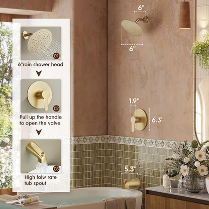 Tub Shower Faucet, Gold Shower Faucet Set with 6" Shower Head | All-Metal Bathroom Rainfall Showerhead and Bathtub Spout, Single-Handle Wall Mounted Tub Shower-Trim Kit Included Valve