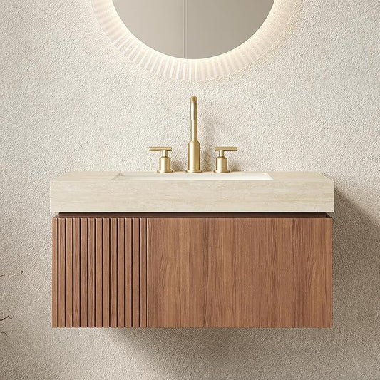 36” Floating Bathroom Vanity with Sink, Wall-Mounted Cabinet with Drawer & Doors, Roma Travertine-Pattern Countertop, Undermount Basin, 3 Faucet Hole, Soft-Close, Pre-Assembled, Brown Oak